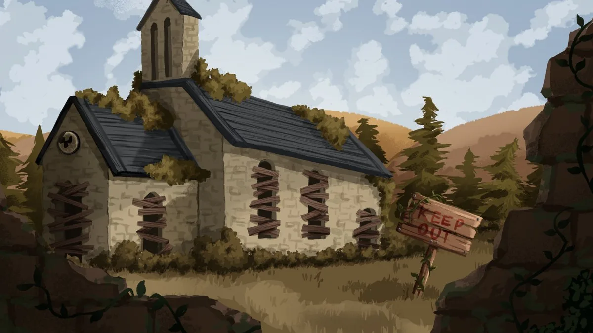 Murder in the Aethertree Forest: the boarded-up temple outside town