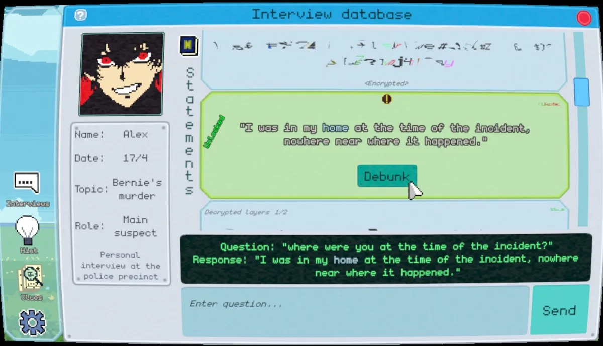 Pixel P.I.: the interview database, where a typed question unlocks a suspect's statement