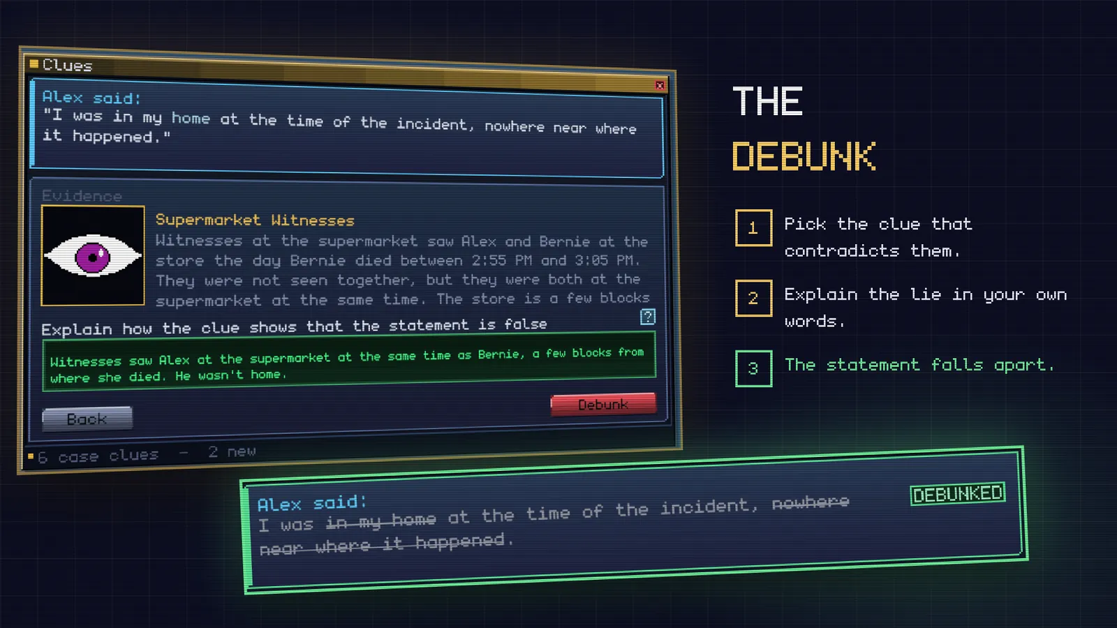 A debunk: the player picks a clue and explains the lie, and the statement is struck through